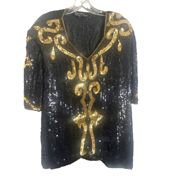 Vintage Royal Feelings Sequin Top Gold Black 4X 100% Silk Short Sleeve 1970's - Picture 2 of 6